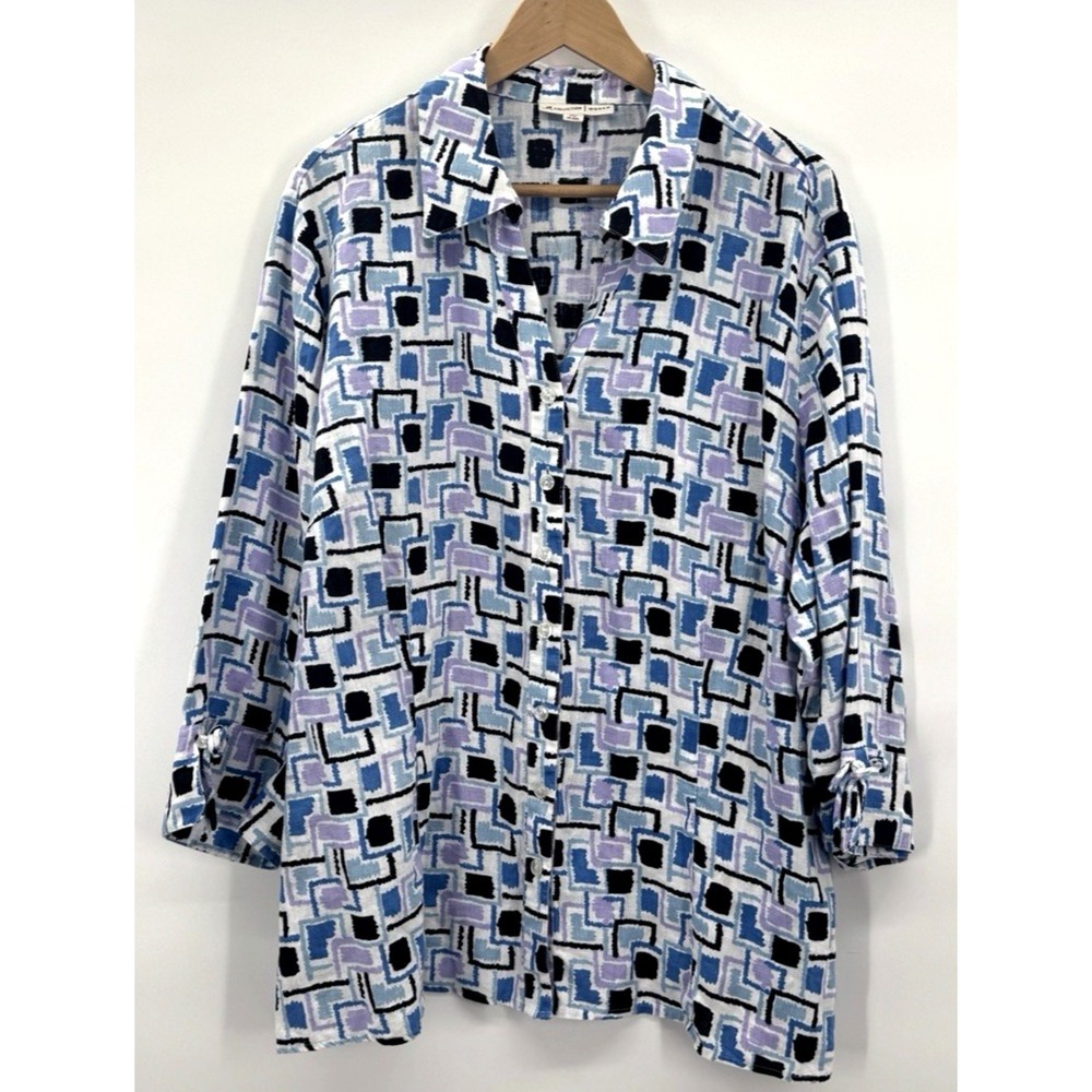 JM Womens 22 W 3X Linen Top Button Down Shirt Geo Print Top 3/4 Sleeve Blouse